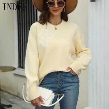 INDFS Женская мода Повседневный Осень Зима Цветочный Узор С Длинным Рукавом O-Neck Свитера S синий