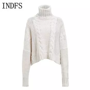 INDFS Женская мода Повседневный Осень Зима Однотонный Принт Длинный Рукав Высокий Воротник Свитера S белый