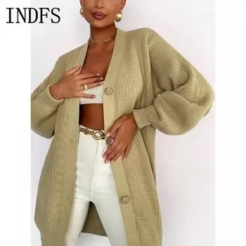 INDFS Женская мода Повседневный Осень Зима Однотонный Принт Длинный Рукав V-образный Вырез Свитера S абрикосовый