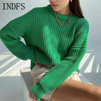 INDFS Женская мода Повседневный Осень Зима Однотонный Принт Длинный Рукав О-Образным Вырезом Свитера S зелёный