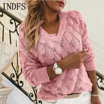 INDFS Женская мода Повседневный Осень Зима Однотонный Принт Длинный Рукав V-образный Вырез Свитера S розовый