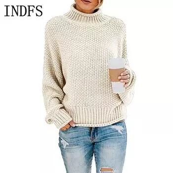 INDFS Женская мода Повседневный Осень Зима Однотонный Принт Длинный Рукав Высокий Воротник Свитера S белый