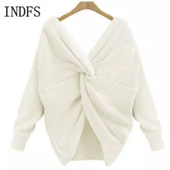 INDFS Женская мода Повседневный Осень Зима Однотонный Принт Длинный Рукав V-образный Вырез Свитера S белый