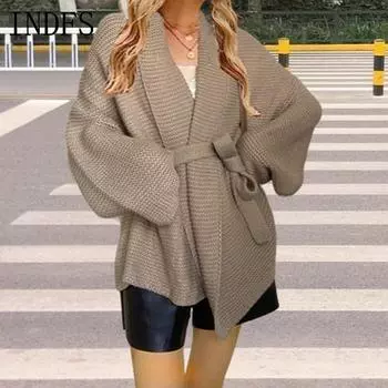 INDFS Женская мода Повседневный Осень Зима Однотонный Принт Длинный Рукав V-образный Вырез Свитера S чёрный