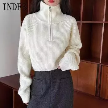 INDFS Женская мода Повседневный Осень Зима Однотонный Принт Длинный Рукав Высокий Воротник Свитера Size: One Size чёрный