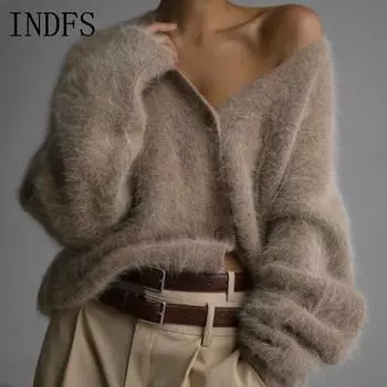 INDFS Женская мода Повседневный Осень Зима Однотонный Принт Длинный Рукав V-образный Вырез Свитера S серый