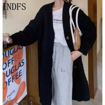 INDFS Женская мода Повседневный Осень Зима Однотонный Принт Длинные Рукава Свитера Size: One Size чёрный