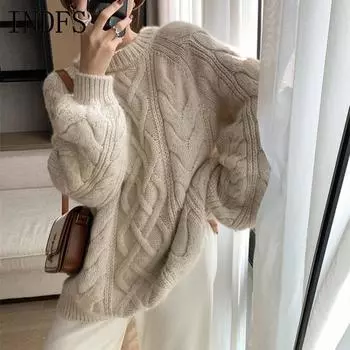 INDFS Женская мода Повседневный Осень Зима Однотонный Принт Длинный Рукав О-Образным Вырезом Свитера Size: One Size жёлтый