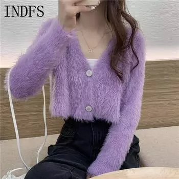 INDFS Женская мода Повседневный Осень Зима Однотонный Принт Длинный Рукав V-образный Вырез Свитера Size: One Size белый