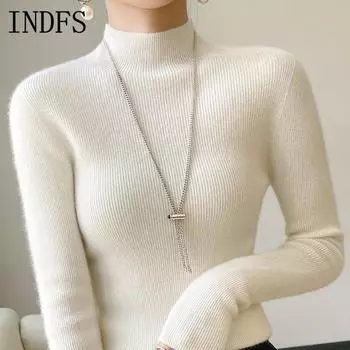INDFS Женская мода Повседневный Осень Зима Однотонный Принт Длинный Рукав Полуводолазка Свитера S белый