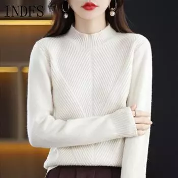 INDFS Женская мода Повседневный Осень Зима Однотонный Принт Длинный Рукав Полуводолазка Свитера S белый