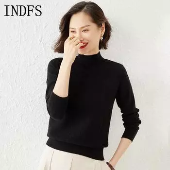 INDFS Женская мода Повседневный Осень Зима Однотонный Принт Длинный Рукав Полуводолазка Свитера S чёрный