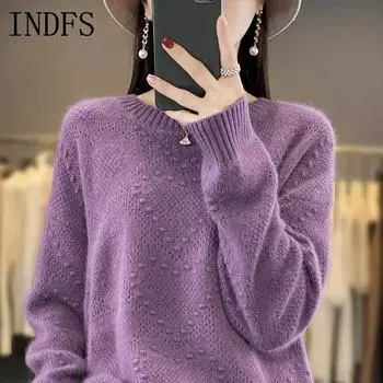 INDFS Женская мода Повседневный Осень Зима Однотонный Принт Длинный Рукав О-Образным Вырезом Свитера S