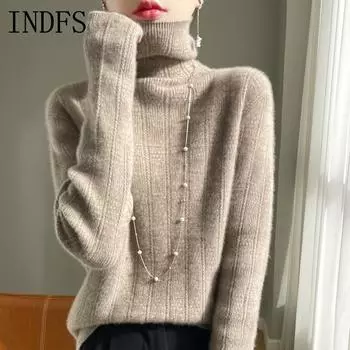 INDFS Женская мода Повседневный Осень Зима Однотонный Принт Длинный Рукав Высокий Воротник Свитера S бежевый