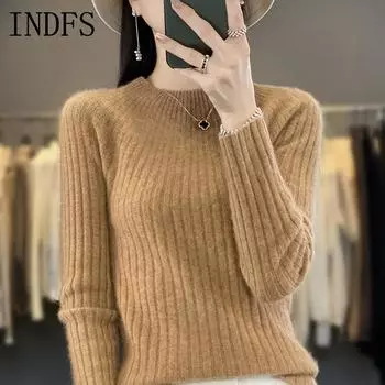 INDFS Женская мода Повседневный Осень Зима Однотонный Принт Длинный Рукав Полуводолазка Свитера S