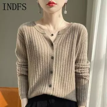 INDFS Женская мода Повседневный Осень Зима Однотонный Принт Длинный Рукав О-Образным Вырезом Свитера M бежевый