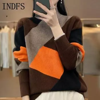 INDFS Женская мода Повседневный Осень Зима Однотонный Принт Длинный Рукав Полуводолазка Свитера M верблюд