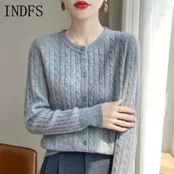 INDFS Женская мода Повседневный Осень Зима Однотонный Принт Длинный Рукав О-Образным Вырезом Свитера M бежевый