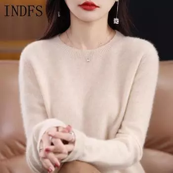 INDFS Женская мода Повседневный Осень Зима Однотонный Принт Длинный Рукав О-Образным Вырезом Свитера S