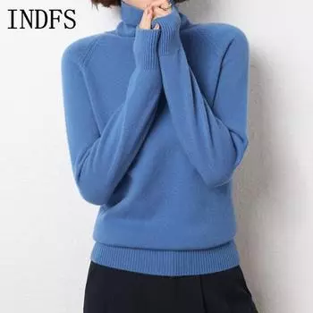 INDFS Женская мода Повседневный Осень Зима Однотонный Принт Длинный Рукав Высокий Воротник Свитера S серый