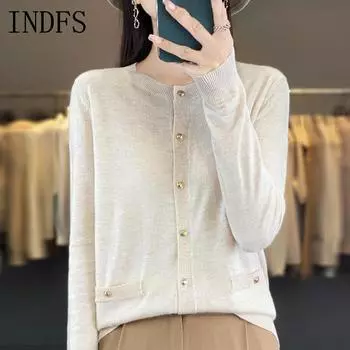 INDFS Женская мода Повседневный Осень Зима Однотонный Принт Длинный Рукав О-Образным Вырезом Свитера S бежевый