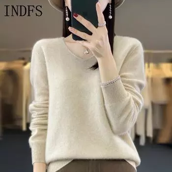 INDFS Женская мода Повседневный Осень Зима Однотонный Принт Длинный Рукав V-образный Вырез Свитера S