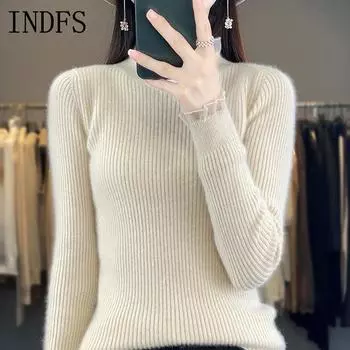 INDFS Женская мода Повседневный Осень Зима Однотонный Принт Длинный Рукав Полуводолазка Свитера S