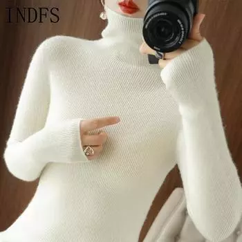 INDFS Женская мода Повседневный Осень Зима Однотонный Принт Длинный Рукав Высокий Воротник Свитера S белый