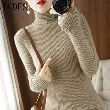 INDFS Женская мода Повседневный Осень Зима Однотонный Принт Длинный Рукав Высокий Воротник Свитера S белый