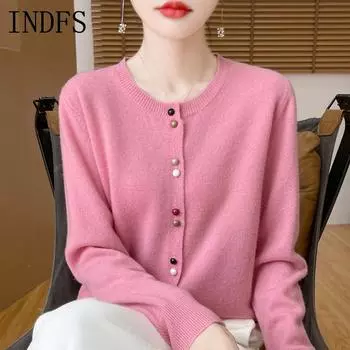 INDFS Женская мода Повседневный Осень Зима Однотонный Принт Длинный Рукав О-Образным Вырезом Свитера M розовый