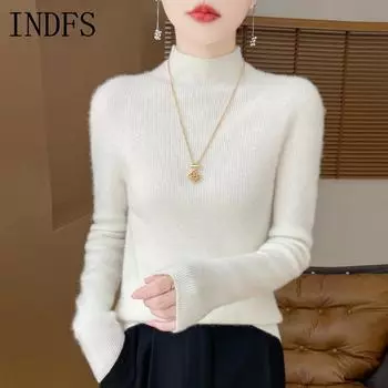 INDFS Женская мода Повседневный Осень Зима Однотонный Принт Длинный Рукав Полуводолазка Свитера M бежевый