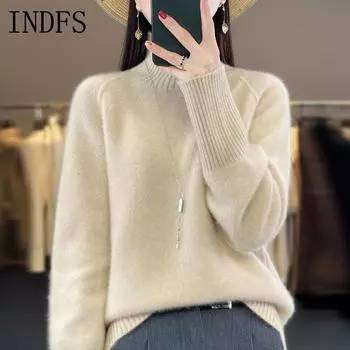 INDFS Женская мода Повседневный Осень Зима Однотонный Принт Длинный Рукав Высокий Воротник Свитера S
