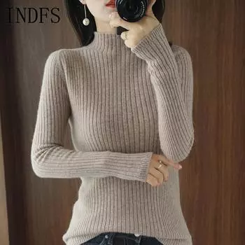 INDFS Женская мода Повседневный Осень Зима Однотонный Принт Длинный Рукав Полуводолазка Свитера S белый
