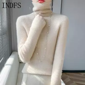 INDFS Женская мода Повседневный Осень Зима Однотонный Принт Длинный Рукав Высокий Воротник Свитера M бежевый