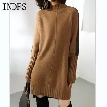 INDFS Женская мода Повседневный Осень Зима Однотонный Принт Длинный Рукав Полуводолазка Свитера S чёрный