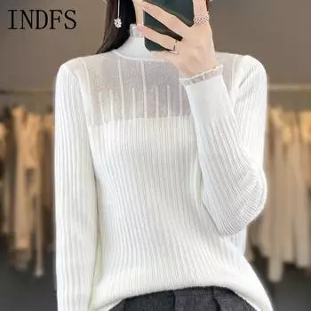 INDFS Женская мода Повседневный Осень Зима Однотонный Принт Длинный Рукав Полуводолазка Свитера S бежевый