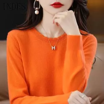 INDFS Женская мода Повседневный Осень Зима Однотонный Принт Длинный Рукав О-Образным Вырезом Свитера M