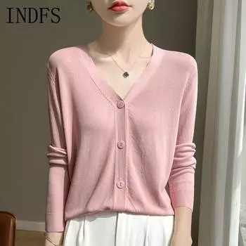 INDFS Женская мода Повседневный Осень Зима Однотонный Принт Длинный Рукав V-образный Вырез Свитера M розовый