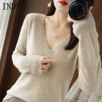 INDFS Женская мода Повседневный Осень Зима Однотонный Принт Длинный Рукав V-образный Вырез Свитера M