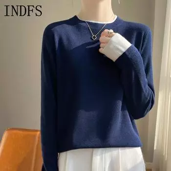 INDFS Женская мода Повседневный Осень Зима Однотонный Принт Длинный Рукав О-Образным Вырезом Свитера M