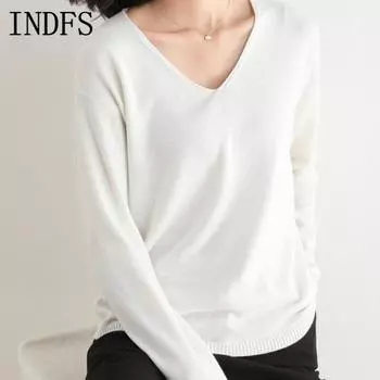 INDFS Женская мода Повседневный Осень Зима Однотонный Принт Длинный Рукав V-образный Вырез Свитера M
