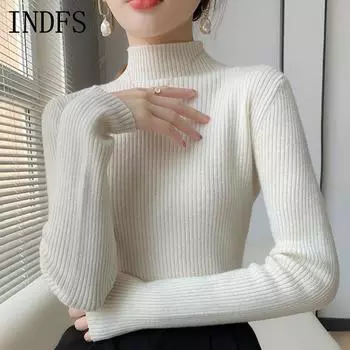 INDFS Женская мода Повседневный Осень Зима Однотонный Принт Длинный Рукав Высокий Воротник Свитера Size: One Size белый