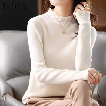 INDFS Женская мода Повседневный Осень Зима Однотонный Принт Длинный Рукав Полуводолазка Свитера M белый