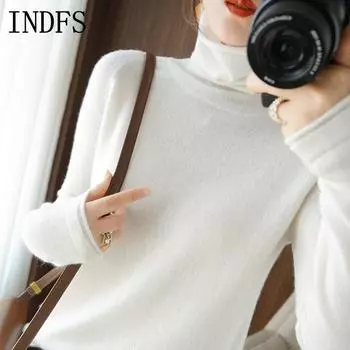 INDFS Женская мода Повседневный Осень Зима Однотонный Принт Длинный Рукав Высокий Воротник Свитера M белый