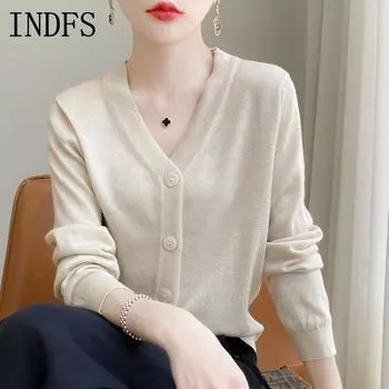 INDFS Женская мода Повседневный Осень Зима Однотонный Принт Длинный Рукав V-образный Вырез Свитера M бежевый