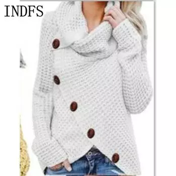 INDFS Женская мода Повседневный Осень Зима Однотонный Принт Длинный Рукав Высокий Воротник Свитера S белый