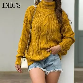 INDFS Женская мода Повседневный Осень Зима Однотонный Принт Длинный Рукав Высокий Воротник Свитера S хаки