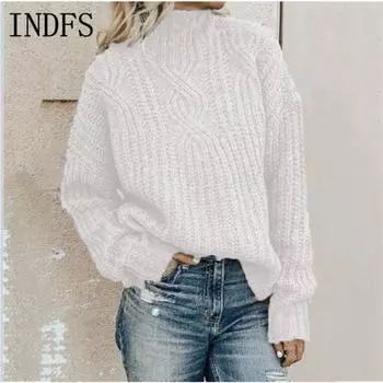 INDFS Женская мода Повседневный Осень Зима Однотонный Принт Длинный Рукав Высокий Воротник Свитера S белый