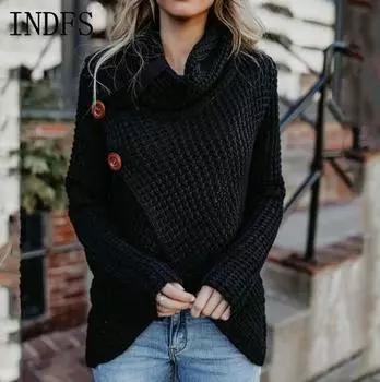 INDFS Женская мода Повседневный Осень Зима Однотонный Принт Длинный Рукав Высокий Воротник Свитера S хаки