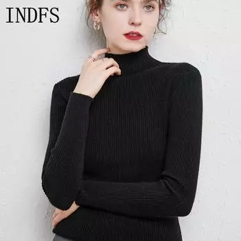 INDFS Женская мода Повседневный Осень Зима Однотонный Принт Длинный Рукав Полуводолазка Свитера S белый